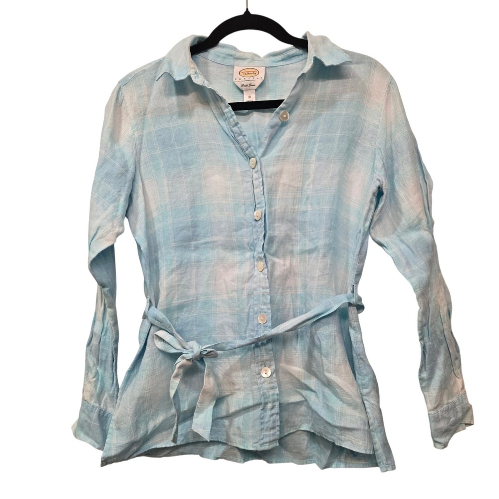 Talbots Petites 100% Irish Linen Tie Waist Blouse 10P Coastal cottagecore Preppy